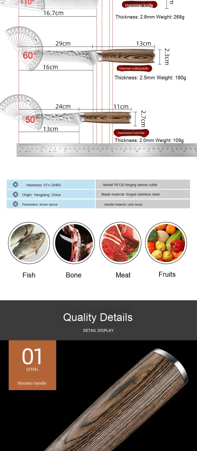 High-quality Kitchen Chef's Knife Set, Hand-forged Sande Fruit Knife and Colored Wooden Handle Meat Cutting