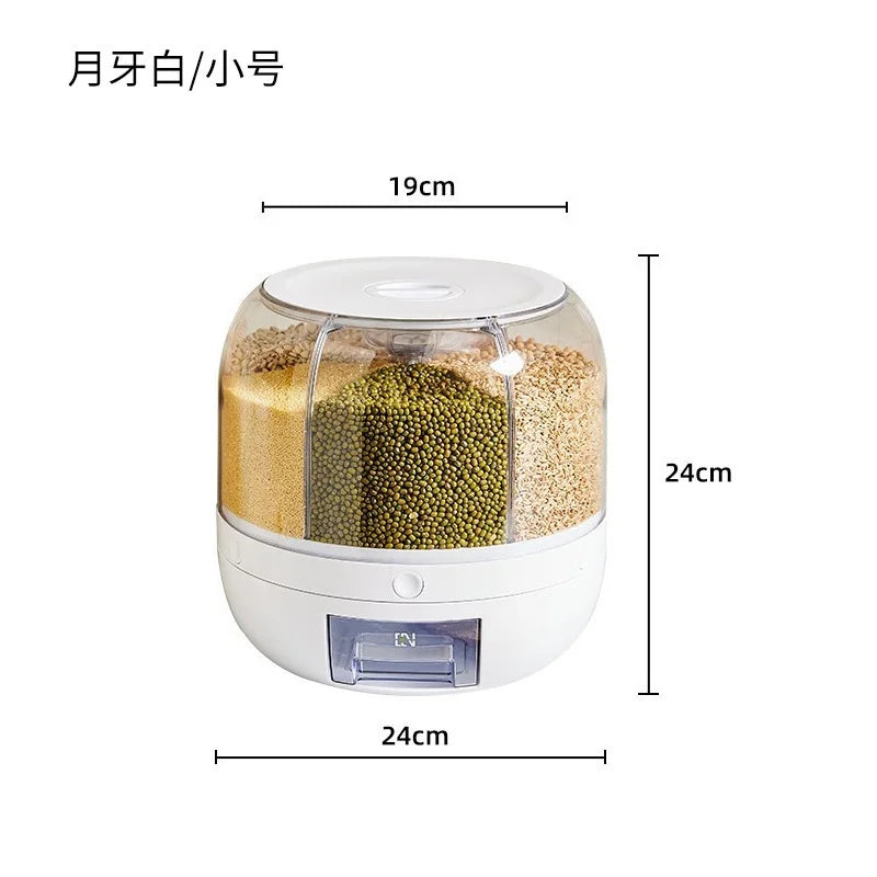 HOT Rice Dispenser Kitchen Moisture-Proof 6-Grid Rotating Food Grain Cereal Storage Box Container