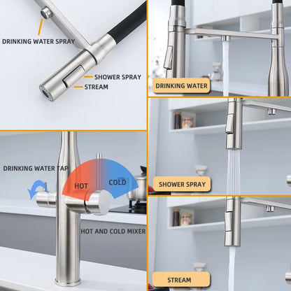 Modern Kitchen Filter Crane Pulls Out Spray 360 Rotating Water Filter Faucet Hot and Cold Three-way Sink Mixer Kitchen Faucet