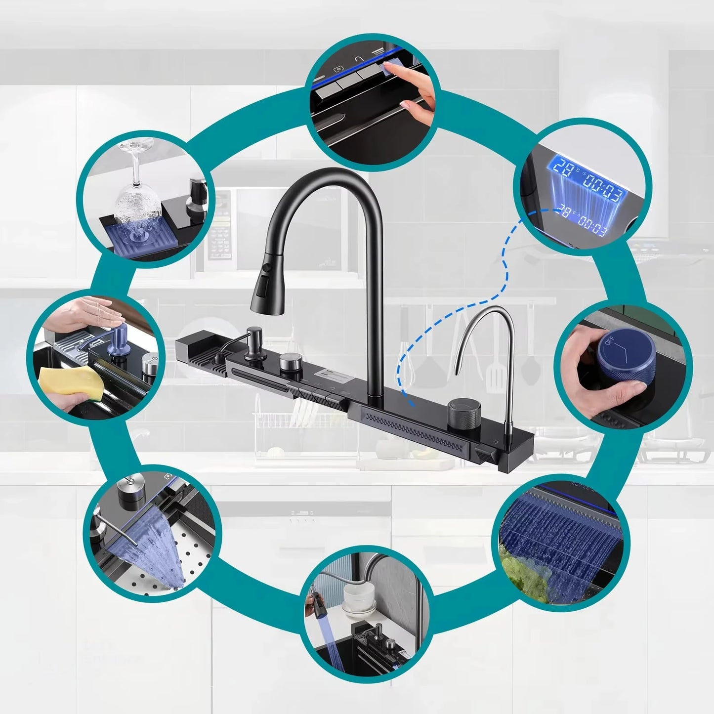 Lava-loiça de cozinha moderna, inteligente e multifuncional de alta qualidade em aço inoxidável 304 com acabamento em cascata, feito à mão e para instalação sob bancada.