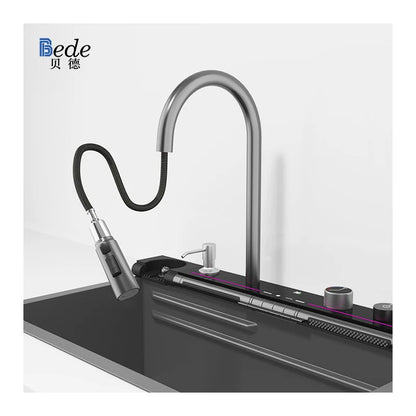 Single Modern Stainless Steel 304 LED Digital Waterfall Kitchen Sink New Design Popular Black Smart Multifunctional Handmade One