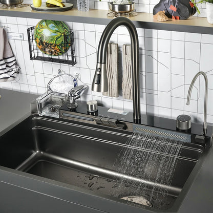 Handmade Stainless Steel Single Bowl Waterfall Sink Faucet Nano Surface with Four Holes Multifunctional Square Shape for Kitchen