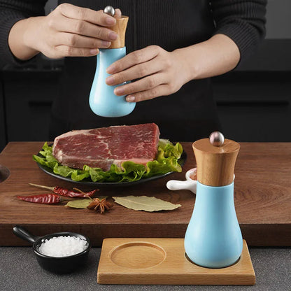 New Product Wood Salt and Pepper Grinders Set Blue Kitchen Spice Mill with Adjustable Coarseness Ceramic Core