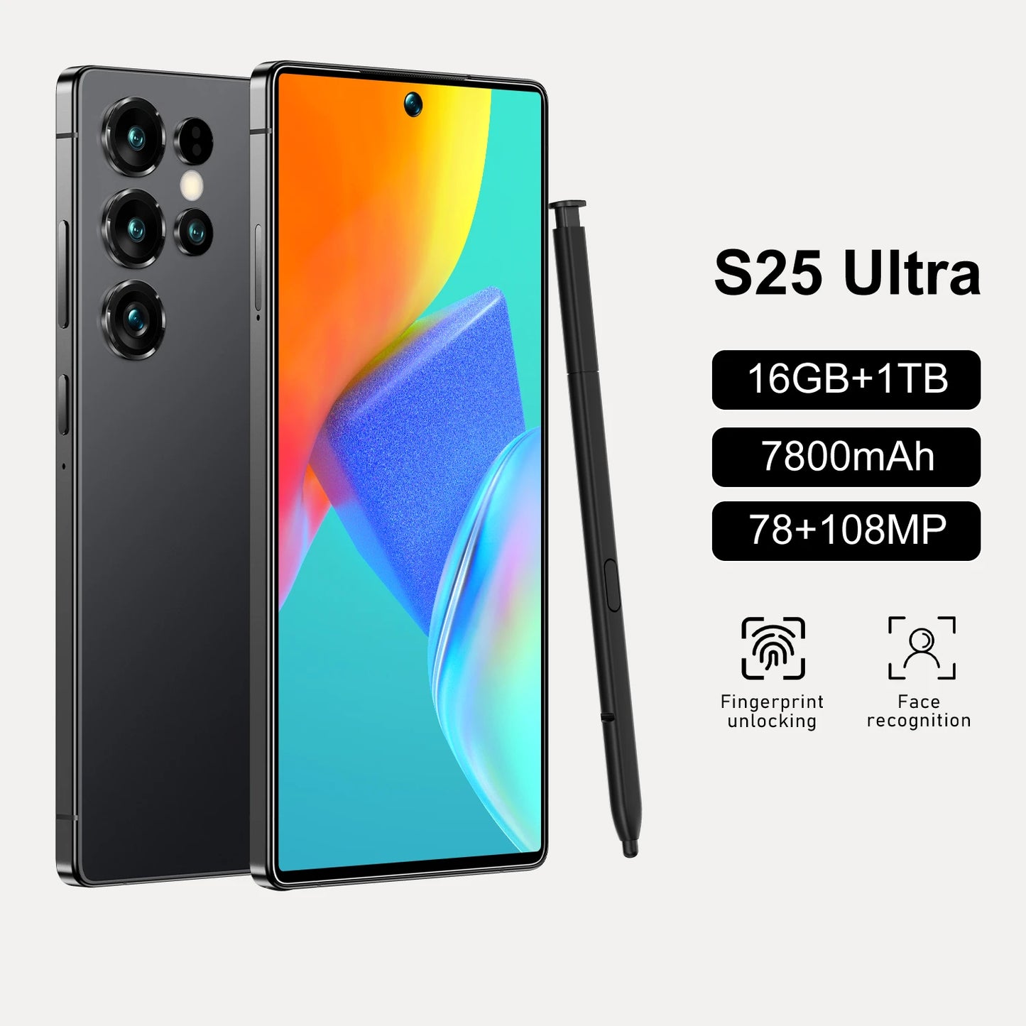 Factory Price S25 Ultra 16GB+1TB Android Big Screen phone  Dual SIM LTE Mobile Phone  Model S25 with Full HD Screen 108MP Camera