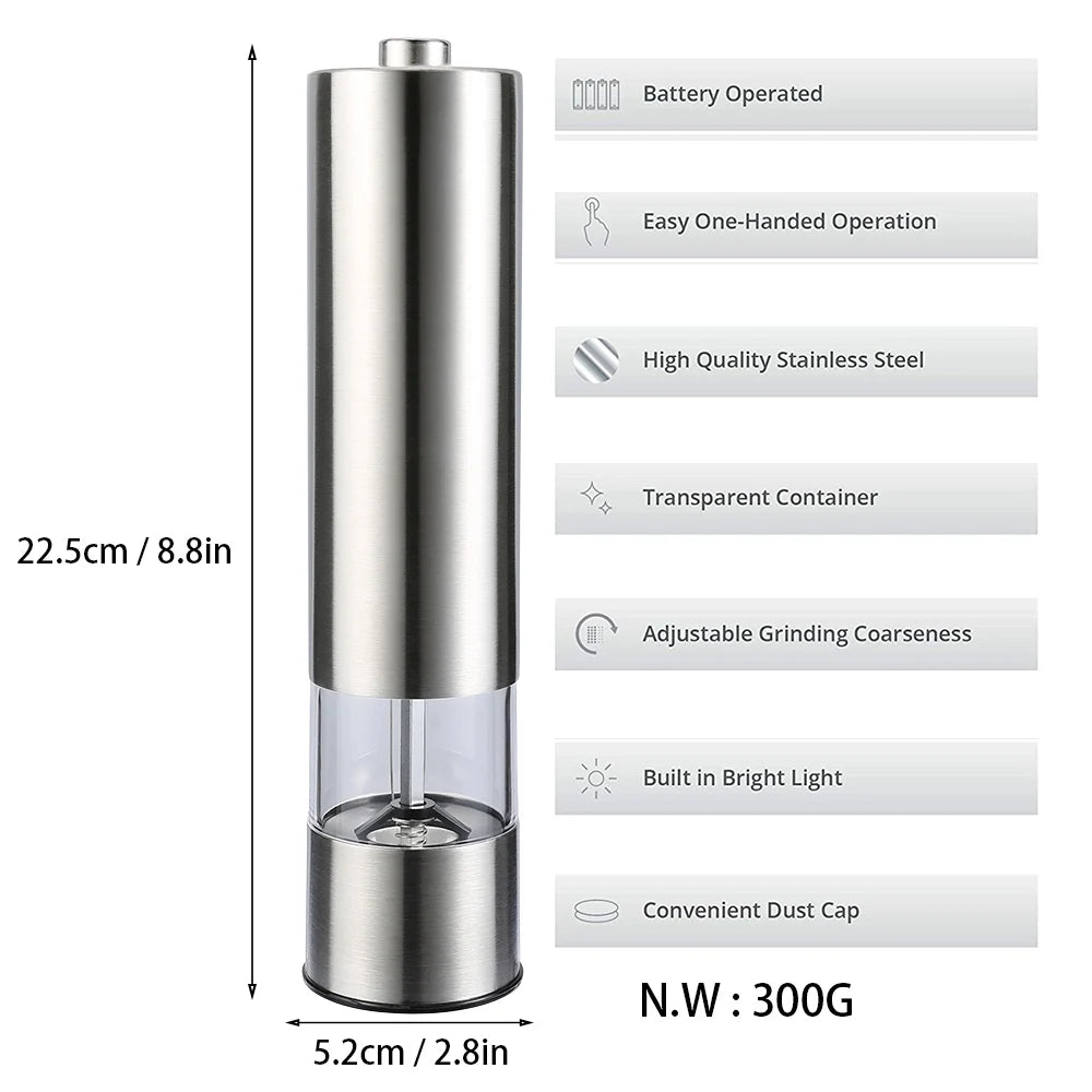One-handed Operation Spice Grain Mill Grinding Tool Portable Stainless Steel Electric Salt and Pepper Grinder With Led Light