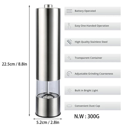 One-handed Operation Spice Grain Mill Grinding Tool Portable Stainless Steel Electric Salt and Pepper Grinder With Led Light