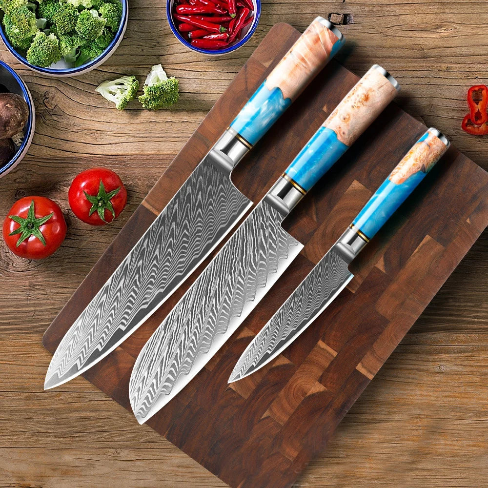 Blue Resin Wood Handle Damascus Kitchen Knife Set Vegetables Slicer Chef Nakiri Knives
