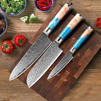 Blue Resin Wood Handle Damascus Kitchen Knife Set Vegetables Slicer Chef Nakiri Knives