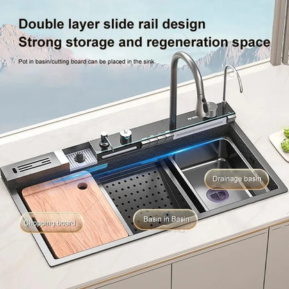 Modern New Smart Black Stainless-steel Kitchen Sink Multifunctional Large Single Sink with Waterfall Faucet for Hotel Kitchen