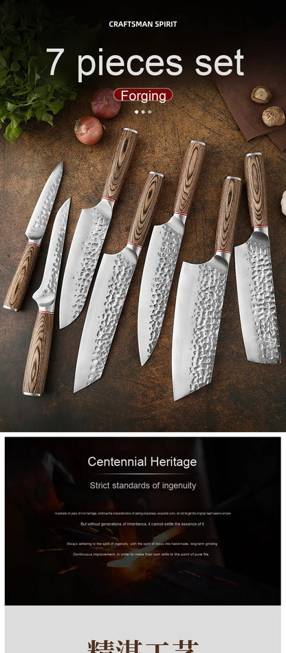 High-quality Kitchen Chef's Knife Set, Hand-forged Sande Fruit Knife and Colored Wooden Handle Meat Cutting
