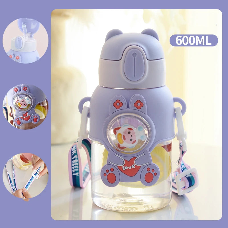 Children's Water Cup Anti-drop Straw Cup Boys Girls School Kindergarten Baby Bear Water Bottle Plastic Drinkware Kids Cups