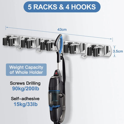 Hot Sale Stainless Steel Self Adhesive Wall Mounted Mop and Broom Holder Clip Brush Rack Cleaning Tools