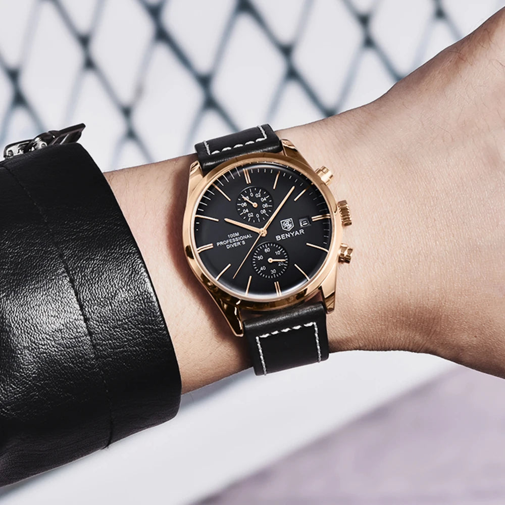Relógio de pulso de homem BENYAR, modelo 2024, em pele, quartzo, marca de luxo, resistente à água até 100 metros, estilo militar desportivo, cronógrafo.