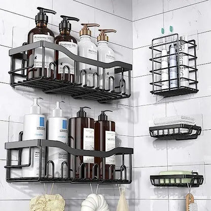 5-piece Set Wall Mounted Bathroom Shelf Black Iron Bathroom  Kitchen Shower Shelves Metal Self-adhesive Storage Rack