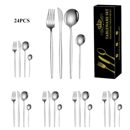 24Pcs Dining Room Stainless Steel Steak Knife,Fork and Spoon Tableware Set