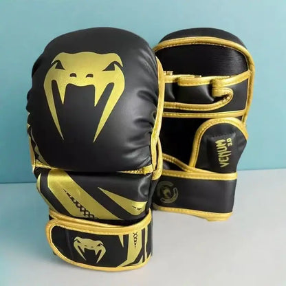 Professional 7oz Matt Black MMA Gloves for Sanda Training Sparring Grappling Muay Thai Printed Pattern Sizes 6oz 8oz for Gyms