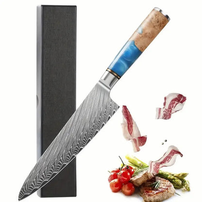Damascus Chef Knife Blue Resin Wood Handle Damascus Kitchen Slicer Meat Vegetable Cleaver Slicing Knife