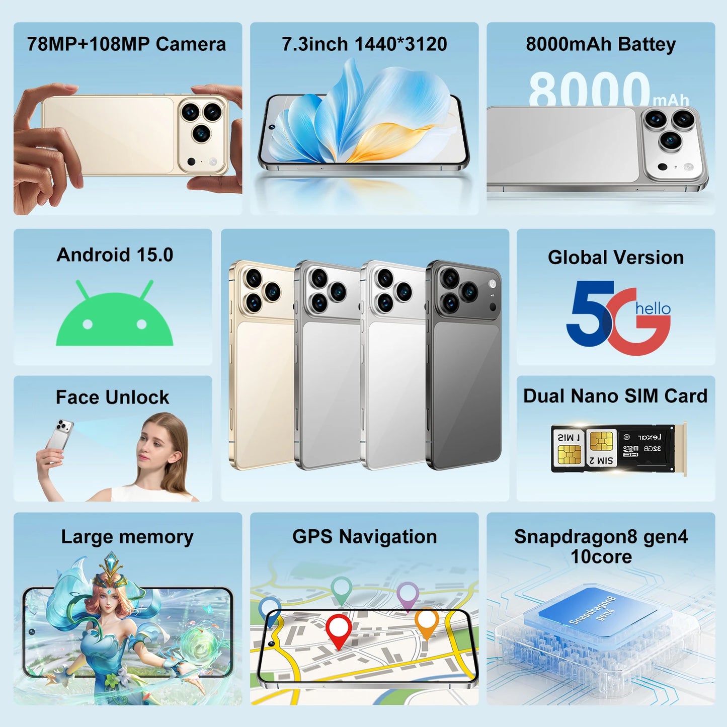 2025 New Arrival Original I17 17 Pro Max 5G Smartphone 144Hz 7.3 Display 108MP Rear Camera 16GB+1TB Storage Deca Core MTK
