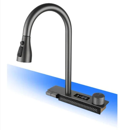 Newly Designed Stainless Steel Digital Display Waterfall Faucet Single Bowl One-Hole Multifunctional Kitchen Features Black