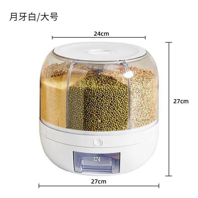 HOT Rice Dispenser Kitchen Moisture-Proof 6-Grid Rotating Food Grain Cereal Storage Box Container