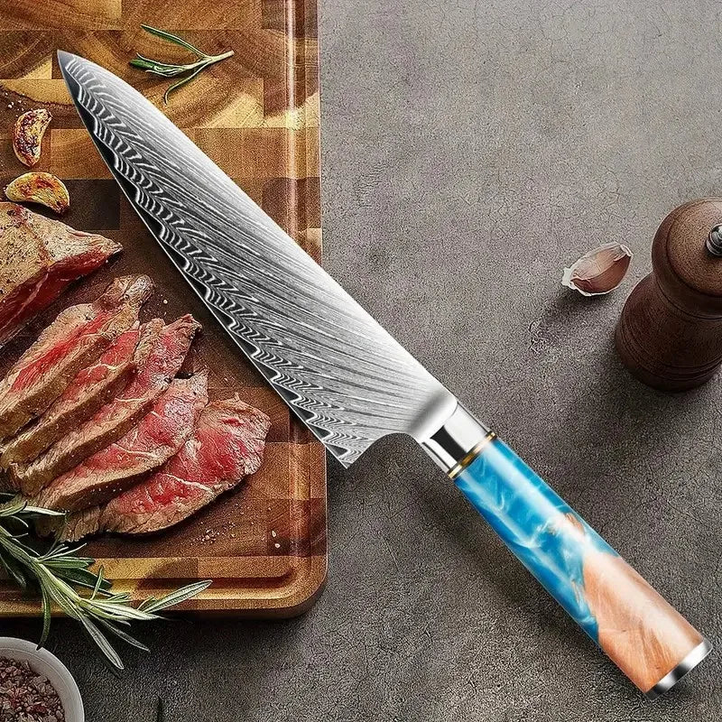 Damascus Chef Knife Blue Resin Wood Handle Damascus Kitchen Slicer Meat Vegetable Cleaver Slicing Knife