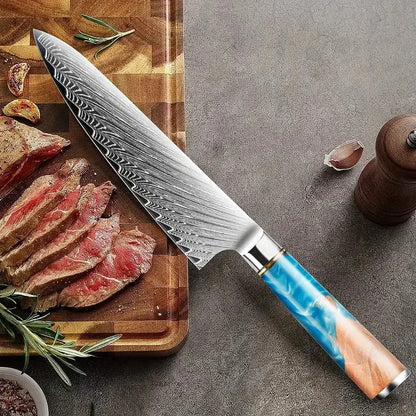 Damascus Chef Knife Blue Resin Wood Handle Damascus Kitchen Slicer Meat Vegetable Cleaver Slicing Knife