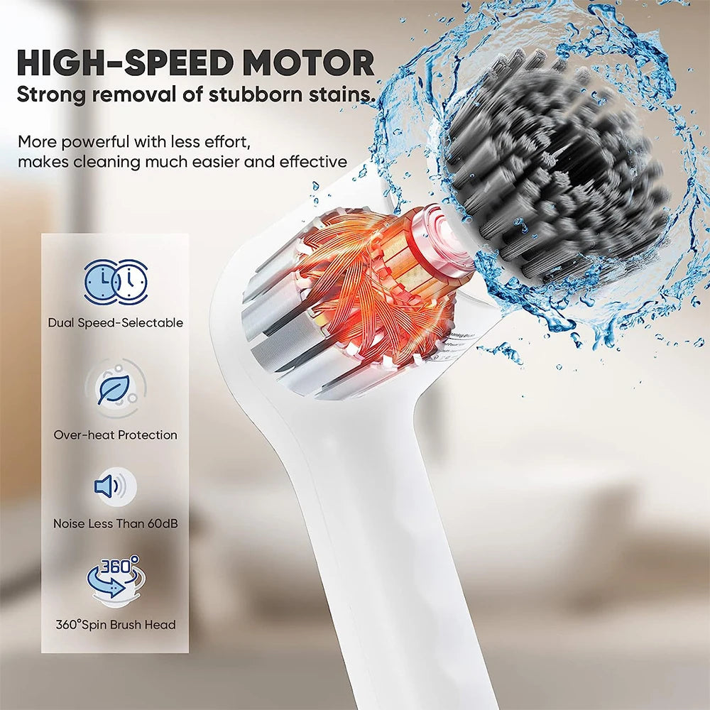 IPX7 Waterproof Electric Cordless Shower Scrubber Dual Speed with 5 Replaceable Brush Heads Convenient Cleaning Equipment
