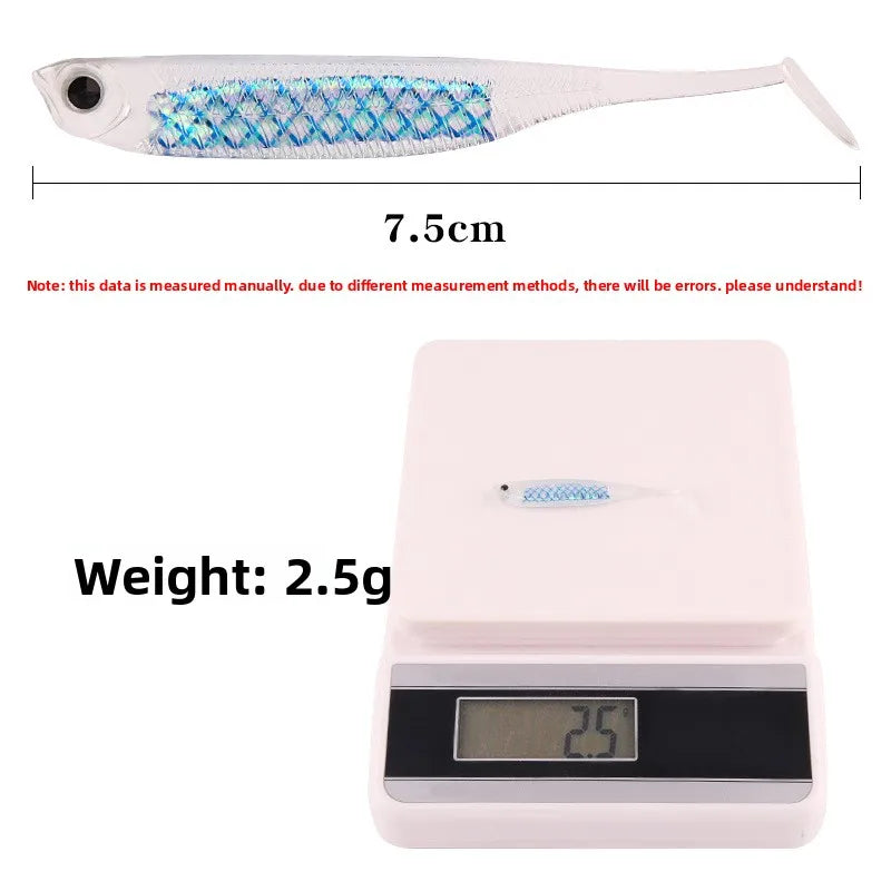 New 7.5cm/2.5g Rainbow Fish T-Tail Lure Simulation Hollow Belly Reflective Soft Bait Made of Silicone for Carp Fishing