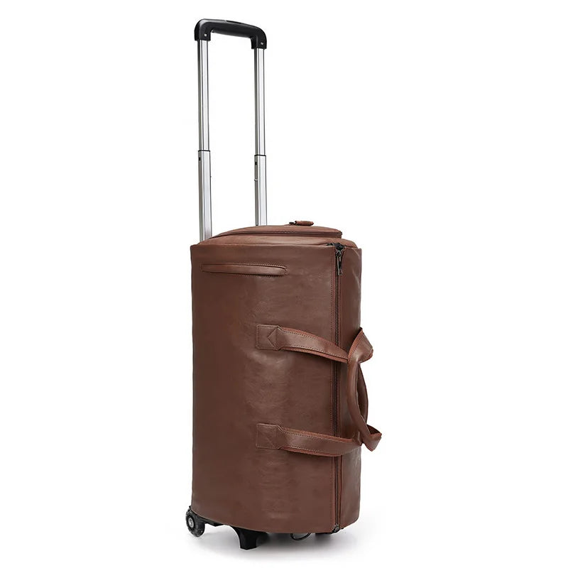 Factory Wholesale Custom Wheeled Garment Trolley Suit Bag Duffle Suitcase Overnight Pu Leather Travel Duffle Bag for Men