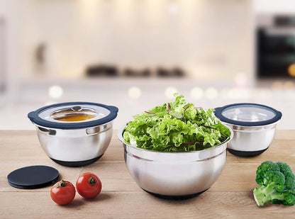 High Quality Stainless Steel Mixing Bowl With Lid Mirror Polishing Inside Matt Outside Non-slip Bottom Nesting Bowl Set