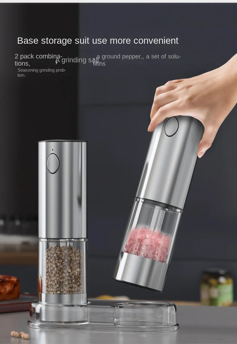 New Arrival Rechargeable Electric 95ML Stainless Steel Salt Pepper Spice Grinder Mills Set Home Kitchen Use Storage Base Metal