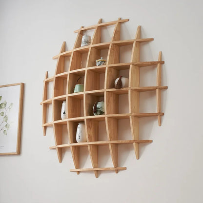 Custom Round Wall Mounted Curio Shelf - Chinese Style Solid Rubber Wood Display Rack for Tea Set/Living Room Decor