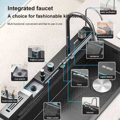 Modern New Smart Black Stainless-steel Kitchen Sink Multifunctional Large Single Sink with Waterfall Faucet for Hotel Kitchen