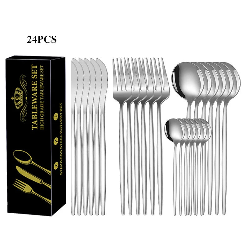 24Pcs Dining Room Stainless Steel Steak Knife,Fork and Spoon Tableware Set