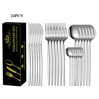 24Pcs Dining Room Stainless Steel Steak Knife,Fork and Spoon Tableware Set