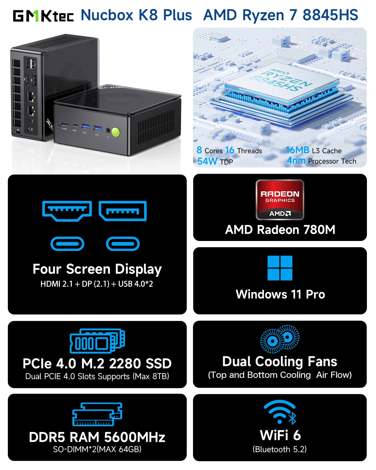 GMKtec K8 Plus AMD R7 8845HS Gaming Mini PC 8-core 16-thread 32GB DDR5 1TB SSD Work Computer PC Mini Computer PC Gaming Desktop