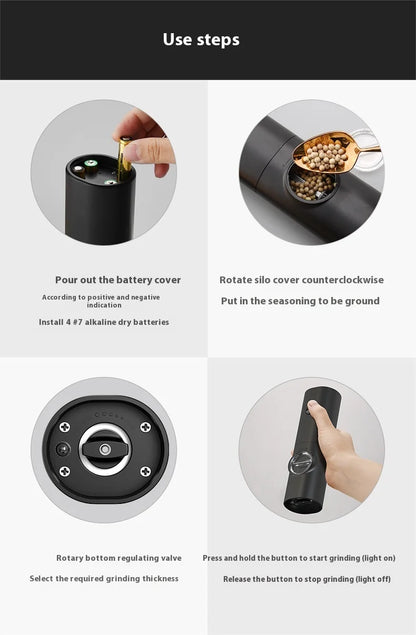 Fully Automatic Black Electric Pepper Grinder with Adjustable Coarseness Plastic Herb & Spice Seasoning Bottle