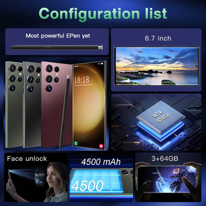 Smartphone S23 Ultra de 6,8 polegadas com Android 8.1, processador quad-core, ligação LTE, ecrã HD e 3+64 GB de armazenamento a um preço acessível.