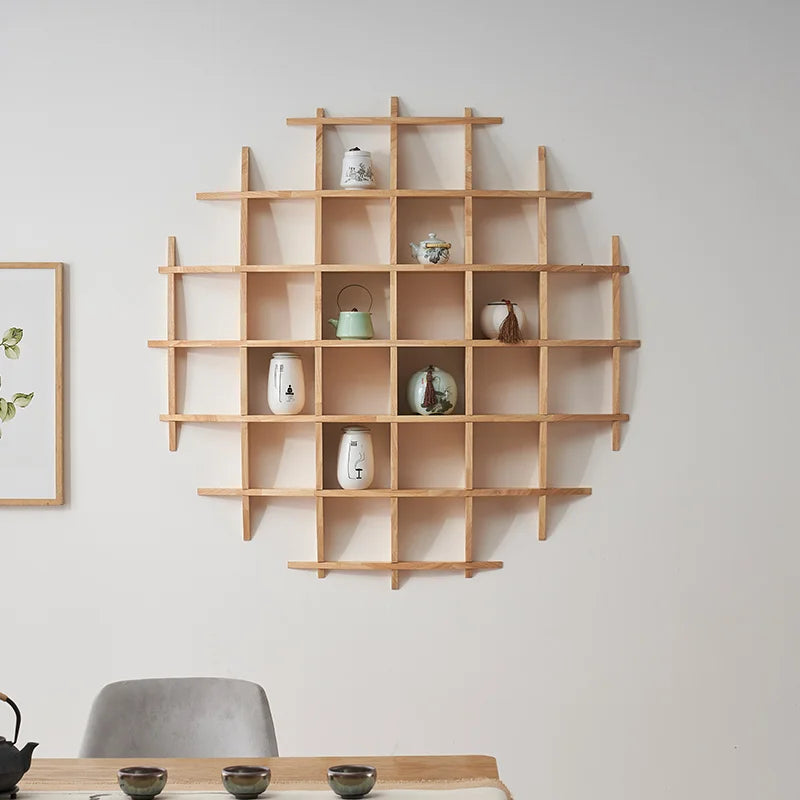 Custom Round Wall Mounted Curio Shelf - Chinese Style Solid Rubber Wood Display Rack for Tea Set/Living Room Decor