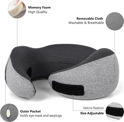 Travel Neck Pillow Memory Foam Neck Support, Patented Design for Airplanes Camping and Travel Washable Neck Support Pillow