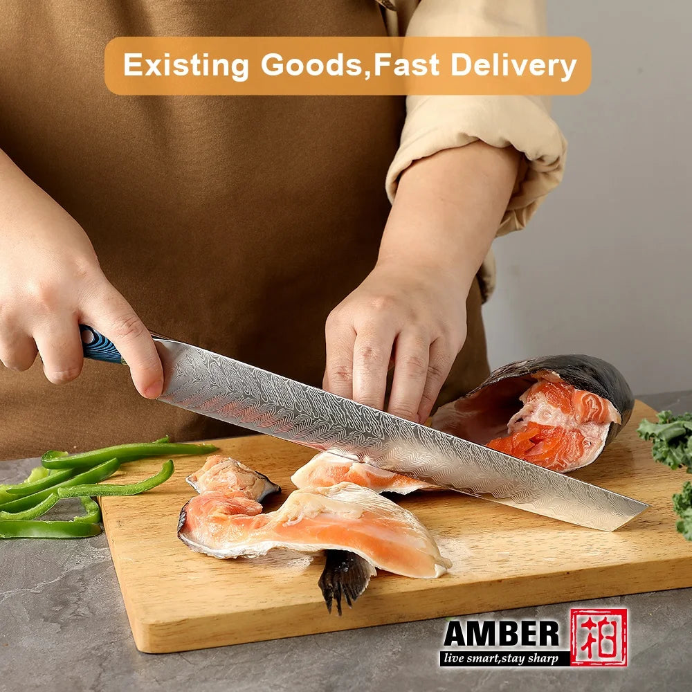 Faca japonesa para filetar peixe, sashimi, sashimi, sushi, cabo em madeira de Pakkawood azul âmbar.