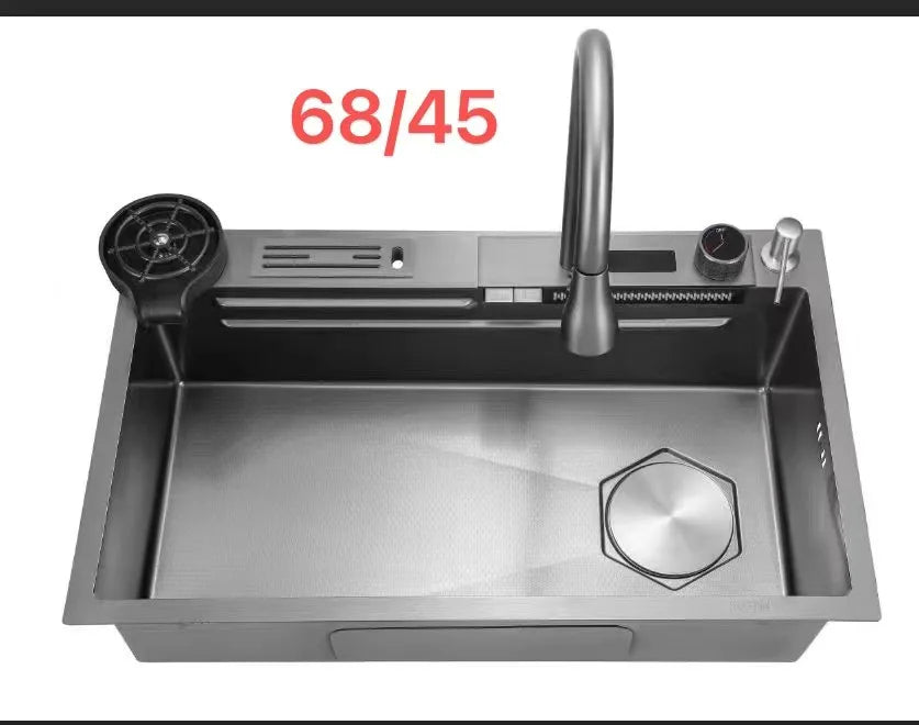 Handmade Stainless Steel Single Bowl Waterfall Sink Faucet Nano Surface with Four Holes Multifunctional Square Shape for Kitchen