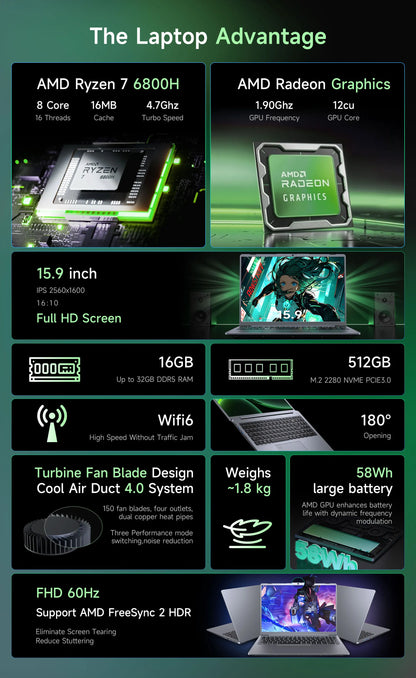 Laptop amd R7-6800H Computer 15.9 Inch 2.5K HD 32GB DDR5 512GB 1TB SSD Ordinateur Portable Gaming Laptop