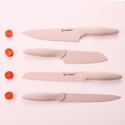14 Pieces Pink Coding High Carbon Steel Blade, No Rust, and Super Sharp Knife Set with Wooden Stand and Kitchen Scissors