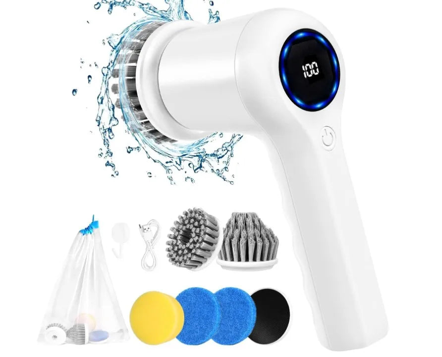 IPX7 Waterproof Electric Cordless Shower Scrubber Dual Speed with 5 Replaceable Brush Heads Convenient Cleaning Equipment