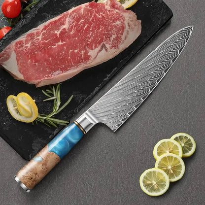 Damascus Chef Knife Blue Resin Wood Handle Damascus Kitchen Slicer Meat Vegetable Cleaver Slicing Knife
