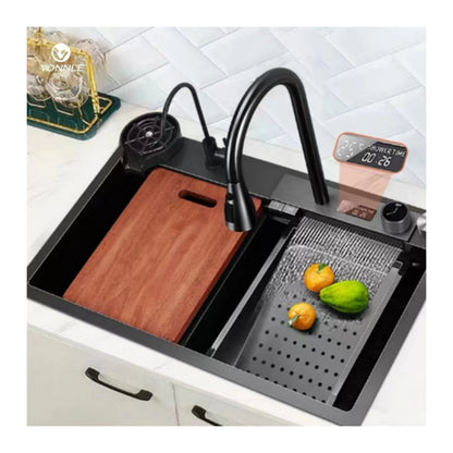 Newly Designed Stainless Steel Digital Display Waterfall Faucet Single Bowl One-Hole Multifunctional Kitchen Features Black