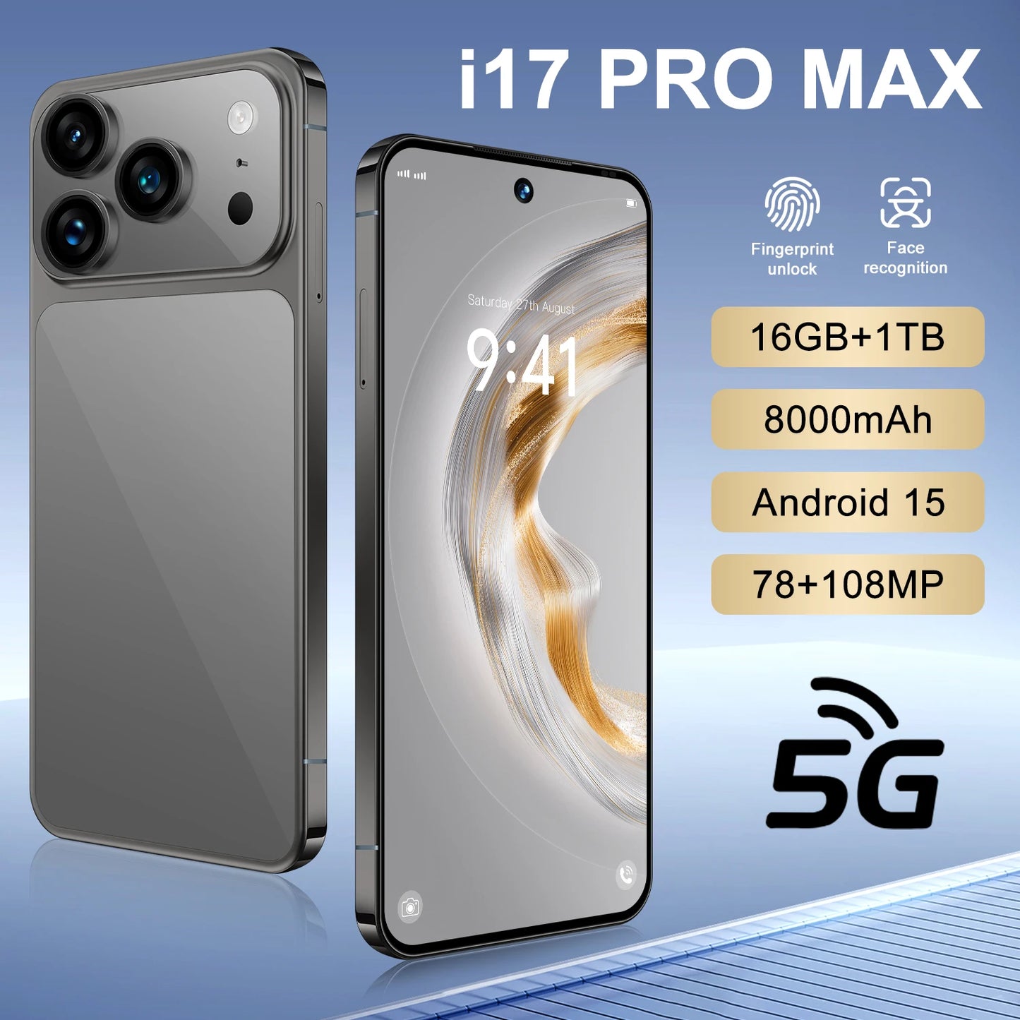 2025 New Arrival Original I17 17 Pro Max 5G Smartphone 144Hz 7.3 Display 108MP Rear Camera 16GB+1TB Storage Deca Core MTK