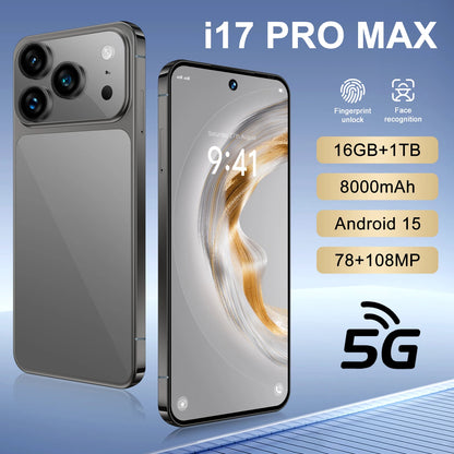 2025 New Arrival Original I17 17 Pro Max 5G Smartphone 144Hz 7.3 Display 108MP Rear Camera 16GB+1TB Storage Deca Core MTK