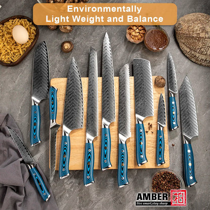 Faca japonesa para filetar peixe, sashimi, sashimi, sushi, cabo em madeira de Pakkawood azul âmbar.